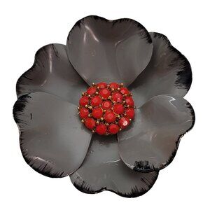 Vintage Scarlet Red Rhinestone And Gray Metal Flower Brooch Pin E650